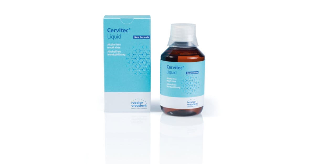 Cervitec Liquid - alcohol-free mouth rinse featuring a new formula; available in a 300-ml single bottle delivery form.